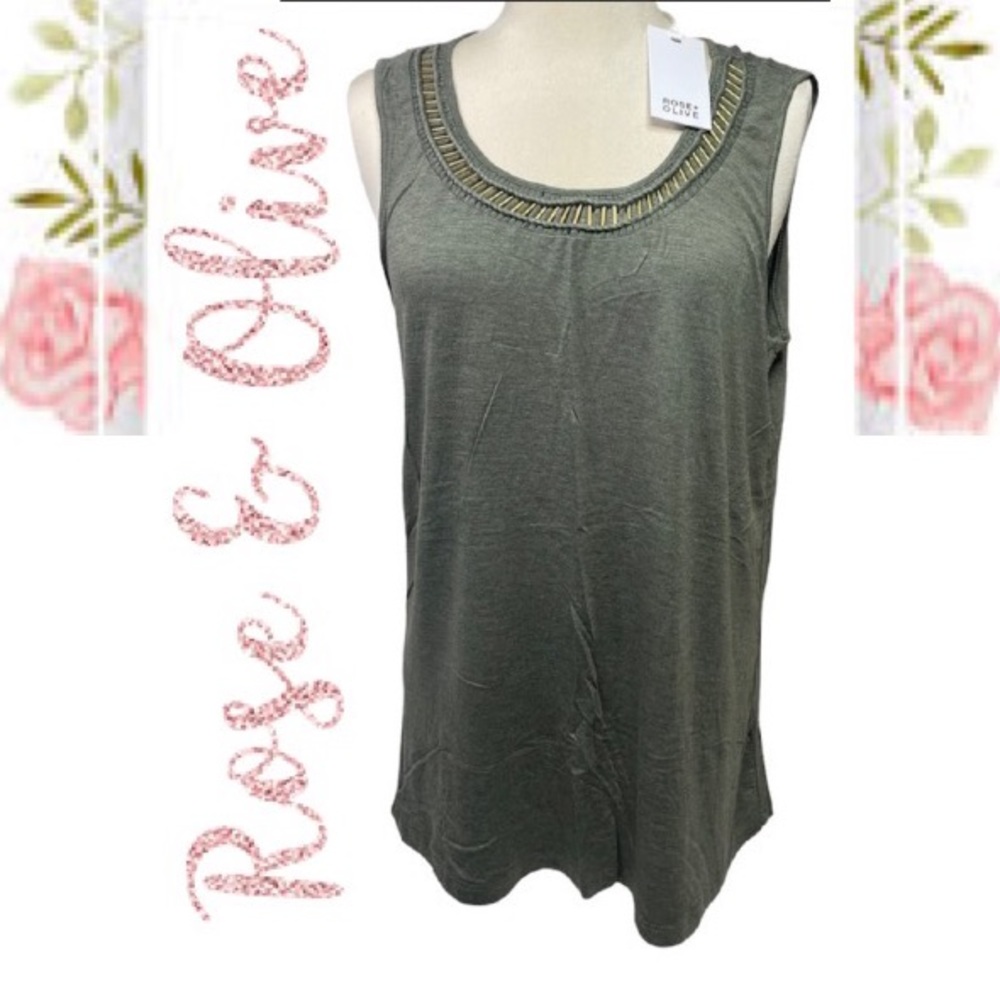 Beaded Olive Green Tank Pewter Gold Metallic Bead Sleeveless Top Dress Casual